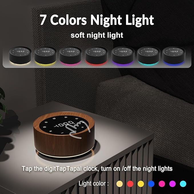 White Noise Machine with Alarm Clock & Night Light for Babies and Adults, 20 Soothing Sounds, Glare-Free Upward Display, Touch Control, Memory Function, 5 Sleep Timers, Wood Grain