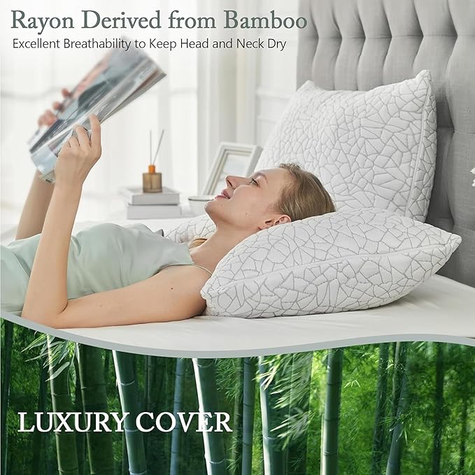 BPC Premium Rayon Derived from Bamboo Firm Pillows King Size Set of 2 - Hypoallergenic Shredded Memory Foam Pillows with Removable Cover Bed Pillows for Side Stomach and Back Sleepers, CertiPUR-US