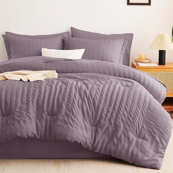 CozyLux Oversized King Comforter Set Dusty Purple Seersucker 7 Pieces 120x98 Bed in a Bag Comforter Set with Sheets, Grayish Purple Bedding Set Down Alternative Comforter, Sheets, Pillowcases & Shams