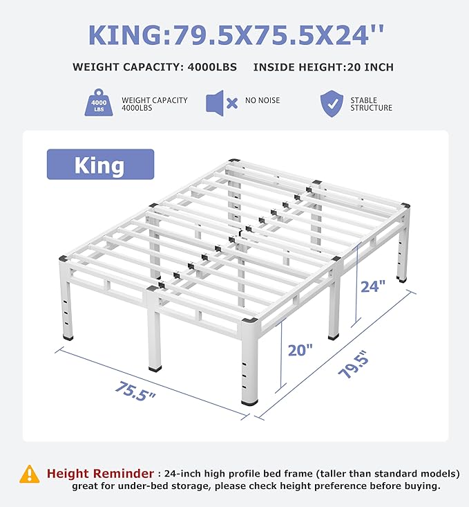 NKZ 24 Inch King Size Bed Frame, Metal Bed Frame & Box Spring 2 in 1 Platform with Round Corner Legs, 4000Lbs Heavy Duty Metal Frame, Mattress Slide Stopper, Headboard Hole, Noise-Free, Easy Assembly