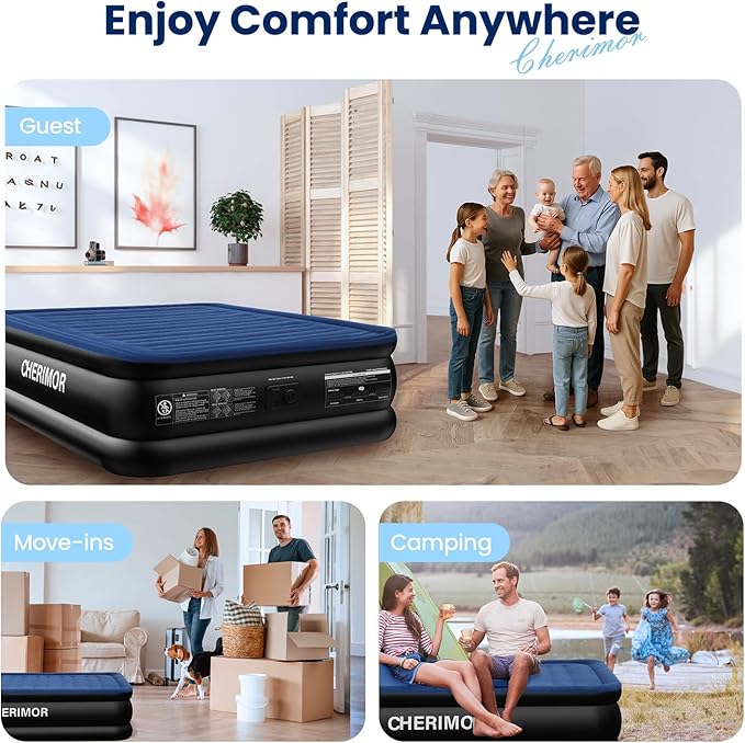 CHERIMOR Queen Air Mattress with Built in Pump, 18" Raised Comfort, Multi-Layer Leakproof, Heavy-Duty Support Blow Up Mattress, 800lbs High Capacity, 3 Min Inflation for Home Camping Guests