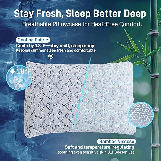 Cotelovo Shredded Memory Foam Soft Bamboo Viscose Pillows Adjustable Hypoallergenic Hotel Quality Bed Pillows for Side, Back and Stomach Sleeper, Oeko-TEX Certified Queen Size Set of 2