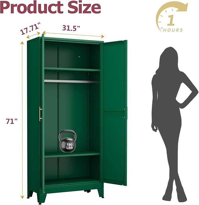 GAIOUS Metal Wardrobe Cabinet with Hanging Rod, 71" Metal Clothing Storage Cabinets with 2 Doors and Adjustable Shelves, Green Armoire Wardrobe Closet for Bedroom, Laundry Room, Cloak Room
