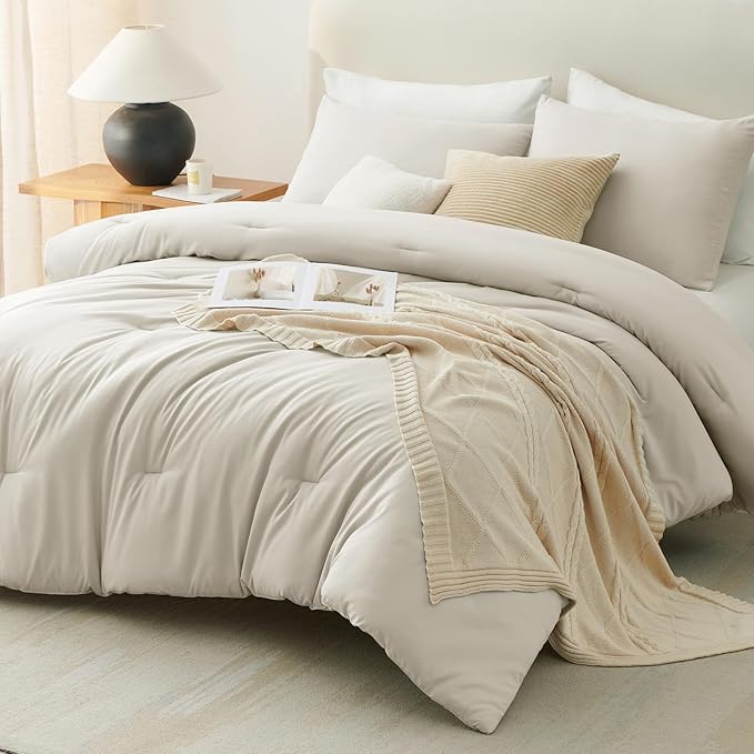 CozyLux Beige King Size Comforter Set, 3 Pieces Solid Breathable Quilted Style Bedding Sets, Luxury Fluffy Soft Bed Set with Down Alternative Comforter for All Season (1 Comforter & 2 Pillowcases)