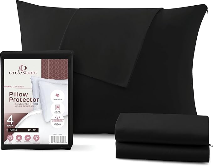 CirclesHome Pillow Protectors 4 Pack King Zippered - 100% Cotton Breathable Pillowcases - Protects Pillows from Dirt, Dust and Debris (King - Set of 4 - 20x36)