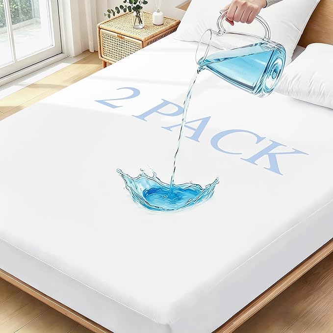 King Size Mattress Protector Waterproof 2 Pack Washable Mattress Cover Breathable Fitted Bed Pad Noiseless Plastic Protection Up to 18” Mattress Protector Soft（White）