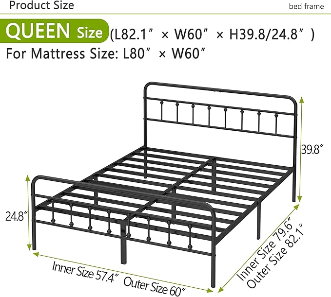 Kujielan Metal Bed Frame - Structurally Stable Heavy Duty Steel Slat Supported Queen Bed Frames,No Box Spring Needed for Easy Removal and Transport.