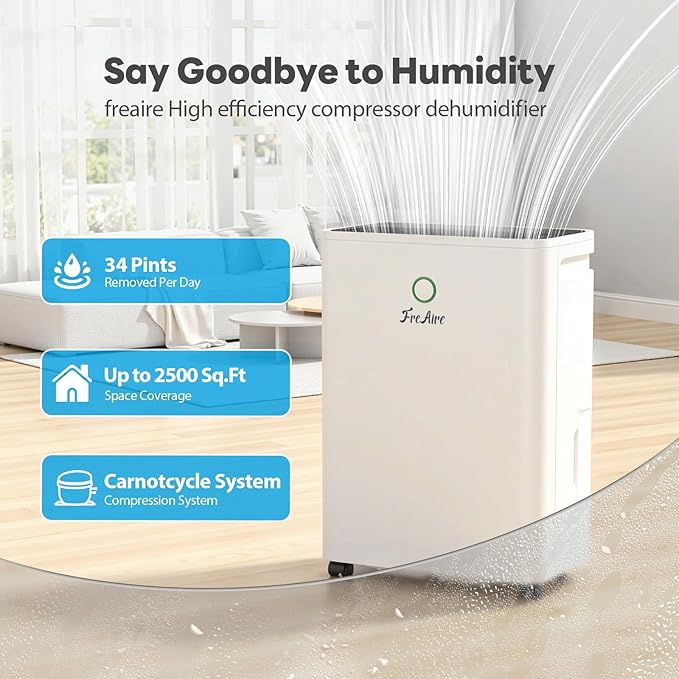 FreAire 2500Sq.Ft Dehumidifier, 34Pint Dehumidifiers for Home, Quiet Dehumidifier for Basement, Bedroom, Bathroom, with 6.56FT Drain Hose, 0.53Gal Water Tank, 3-Color Humidity Light