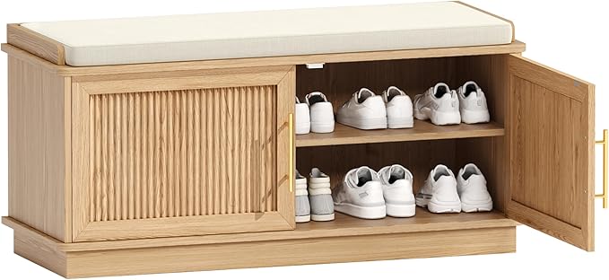 Akxomel Fluted Shoe Storage Bench with Cushion, 39.4" Entryway Bench with Adjustable Shelves and 2 Doors, Shoe Cabinet Bench with Curved Profile, for Hallway, Living Room, Bedroom, Natural Oak