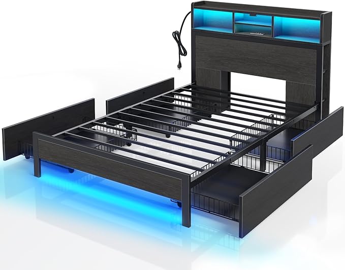 Rolanstar Twin Bed Frame with Storage Headboard, Metal Platform Bed with Charging Station, LED Bed Frame with 4 Drawers, Bookcase Storage, No Box Spring Needed, Easy Assembly, Noise-Free, Black