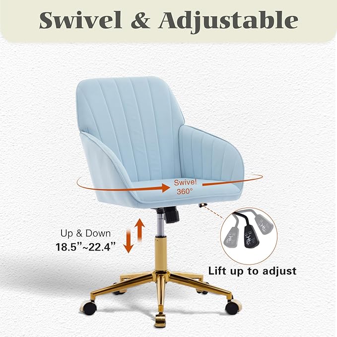 Velvet Vanity Chair with Wheels, Height Adjustable Swivel Makeup Chair, Armless Small Desk Chair for Bedroom/Office/Vanity Table, 250 lbs Capacity (Velvet, Blue-2)