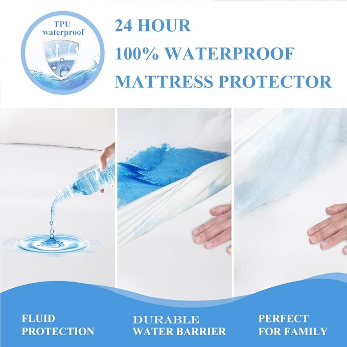 Twin XL Waterproof Mattress Protector for Dorms. Noiseless, Breathable, and Machine Washable Fitted Mattress Cover with Deep Pocket up to 5”-21”（White）