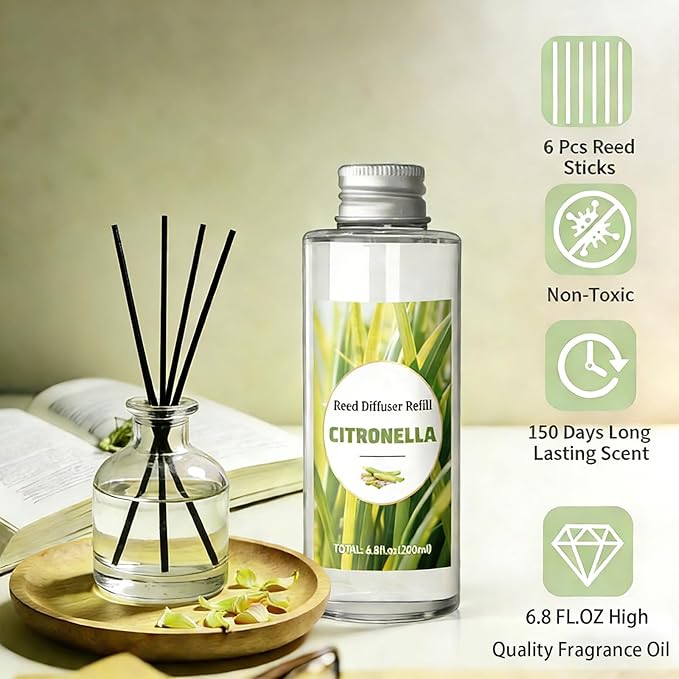 STRN Citronella Reed Diffuser Oil Refill, Citronella Scent 200ML(6.8fl.oz) with 6 Sticks, Air Freshener Long-Lasting Aromatherapy Reed Diffuser Set for Summer Home, Bedroom, Spa, Bathroom