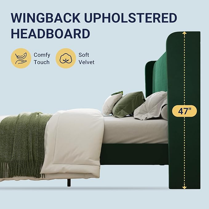 Allewie King Size Velvet Platform Bed Frame with Vertical Tufted Wingback Headboard, Easy Assembly, Under Bed Storage, No Box Spring Required, Modern Style, Green