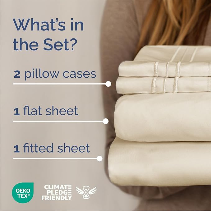 Queen Size 4 Piece Sheet Set - Comfy Breathable & Cooling Sheets - Hotel Luxury Bed Sheets for Women and Men - Deep Pockets, Easy-Fit, Soft and Wrinkle Free Sheets - Off White Oeko-Tex Bed Sheet Set