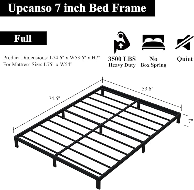 Upcanso 7 Inch Full Bed Frame No Box Spring Need, Low Profile Metal Platform Full Size Bed Frame, Heavy Duty Support Bedframes Full, Easy Assembly