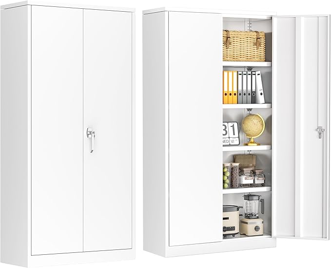 INTERGREAT Garage Storage Cabinets with Doors and Shelves,72" Tall White Steel Locking Cabinets Storage, Metal Cabinet for Home Office, Warehouse, School