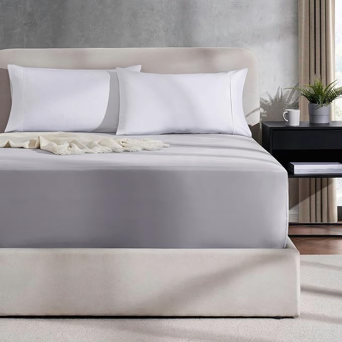 Nestl Grey Lavender Extra Deep Pocket Twin Fitted Sheet Kids, Luxury Twin Size Fitted Sheet Only Easily Fits 18 to 24 Inch Mattress, Super Soft, Wrinkle-Free, and Breathable Sheets with Corner Straps