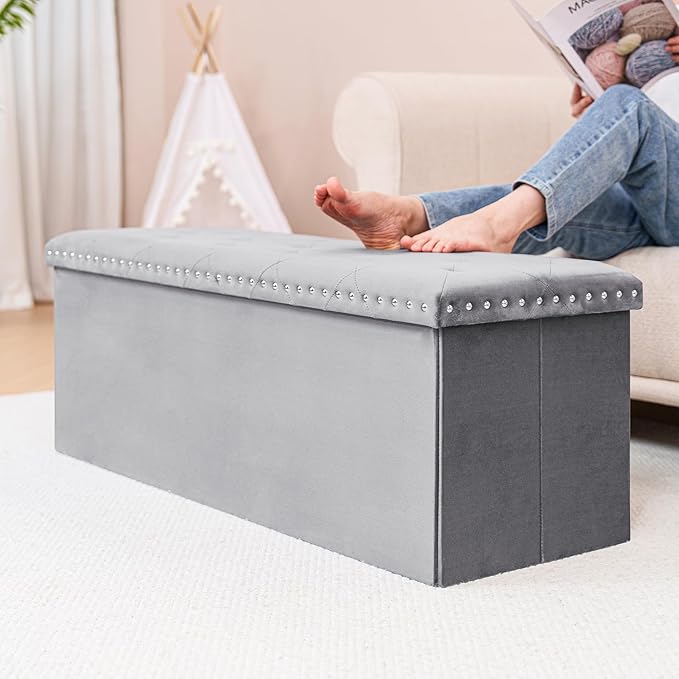 PINPLUS Storage Ottoman Bench with Benches Foot Rest Stool, Large Long Folding Velvet Shoes Chest for Bedroom, Living Room,（Grey） 43.3"x15.7"x15.7"