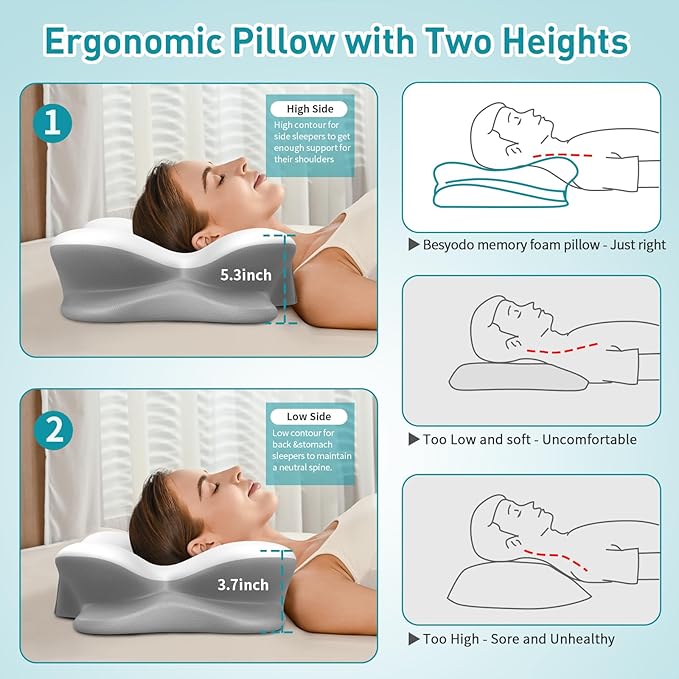 Besyodo Cervical Pillow for Neck Pain Relief - Ergonomic Neck Pillow for Sleeping, Contour Memory Foam Pillows Side Sleeper Pillow for Neck Support, Bed Pillow for Back Stomach Sleepers