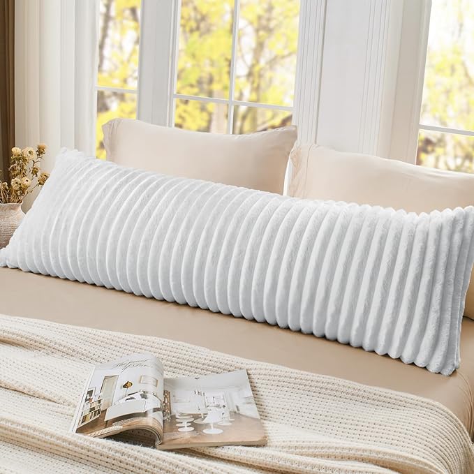 BEDELITE Fluffy Faux Fur Body Pillow Cover with Zipper, Luxury Plush 3D Striped Pillow Cover 20x54 Inches, Super Soft and Cozy Long Body Pillow Pillowcase for Bed Sofa Couch Room Decor(Bright White)