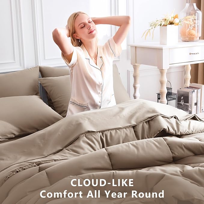 CozyLux Queen Comforter Set Khaki, 7 Pieces Bed in a Bag, Khaki Comforters Queen Size, All Season Bedding Sets with Stitch Quilted Comforter, Flat Sheet, Fitted Sheet, Pillowcases
