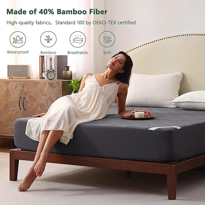 Twin XL Size Waterproof Mattress Protector, 40% Rayon Derived from Bamboo Grey Mattress Pad Cover, 3D Air Fabric Breathable Mattress Pad Fitted with Deep Pocket 6"- 15" Machine Washable