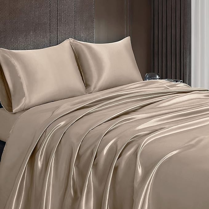 Homiest 3pcs Satin Sheets Set Luxury Silky Satin Bedding Set with Deep Pocket, 1 Fitted Sheet + 1 Flat Sheet + 1 Pillowcase (Twin XL Size, Taupe)