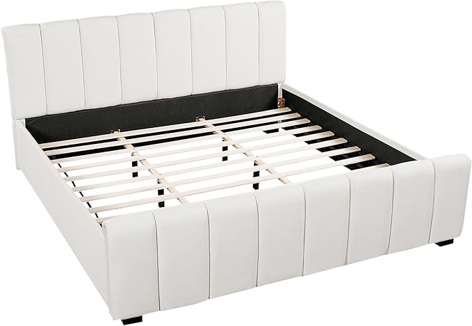 Merax King Size Upholstered Platform Bed with Thick Headboard and Footboard, Block Style Linen Fabric Bed Frame with Solid Wood Legs, Beige