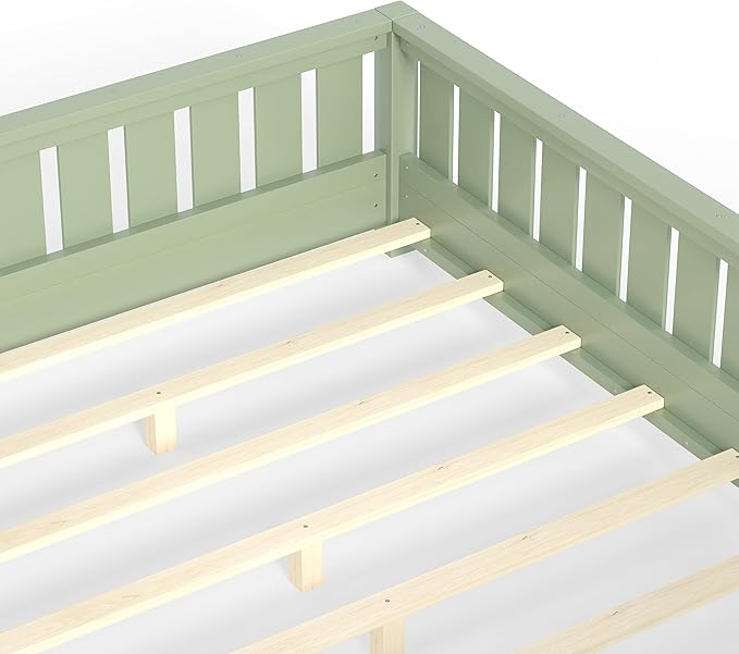 Bellemave Full Size Floor Bed Frame with Fence & Bookshelf, Solid Pinewood Montessori Floor Bed Full with Slats Load 550LBS, Low Profile Floor Bed for Kids, Bedroom, Nursery, Easy Assembly, Green