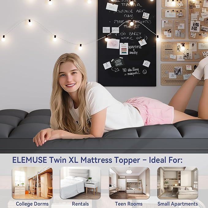 ELEMUSE Twin XL Grey Mattress Topper for Dorm Bed, College Dorm Room Essentials for Girls&Guys, Soft Comfortable Bed Upgrade for Back to School, Apartment&Rental Use