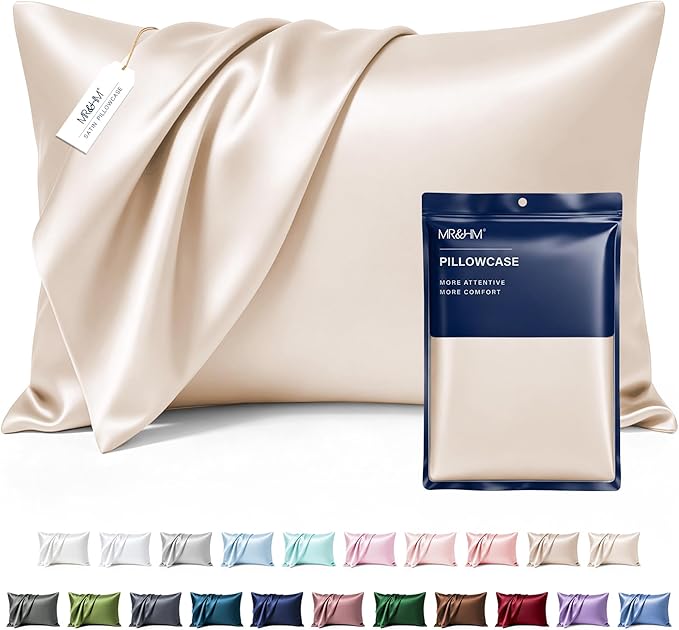MR&HM Satin Pillowcase for Hair and Skin, Silk Satin Pillowcase 2 Pack, Standard Size Pillow Cases Set of 2, Silky Pillow Cover with Envelope Closure (20x26, Beige)