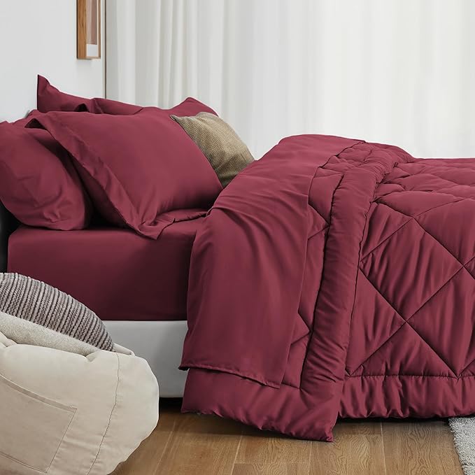 Love's cabin Full Comforter Set Burgundy, 7 Pieces Full Bed in a Bag, All Season Bedding Sets with 1 Comforter, 1 Flat Sheet, 1 Fitted Sheet, 2 Pillowcase and 2 Pillow Sham | Soft, Breathable, Lightweight, Comfortable