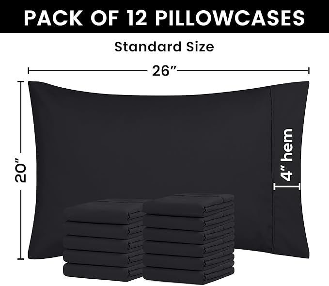 Utopia Bedding Standard Pillow Cases - 12 Pack - Envelope Closure - Soft Brushed Microfiber Fabric - Shrinkage and Fade Resistant Pillow Covers Standard Size 20 X 26 Inches (Standard, Black)