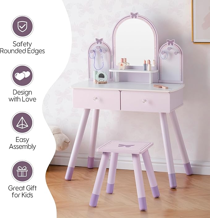 ROBOTIME Purple Kids Vanity Set, Makeup Vanity Desk with Mirror, Chair and Storage Drawers, Little Girl Dressing Table with Stool for Toddlers Ages 3+