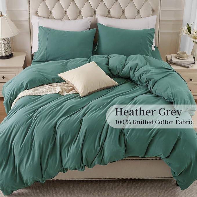PURE ERA Jersey Knit Duvet Cover Set 100% T-Shirt Cotton Super Soft Comfy 3pc Bedding Set with Zipper Closure (Solid Teal Green, Queen)