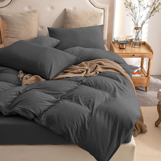PURE ERA Jersey Knit Duvet Cover Set 100% T-Shirt Cotton Super Soft Comfy 3pc Bedding Set with Zipper Closure (Solid Deep Grey, Queen, 90"X90")