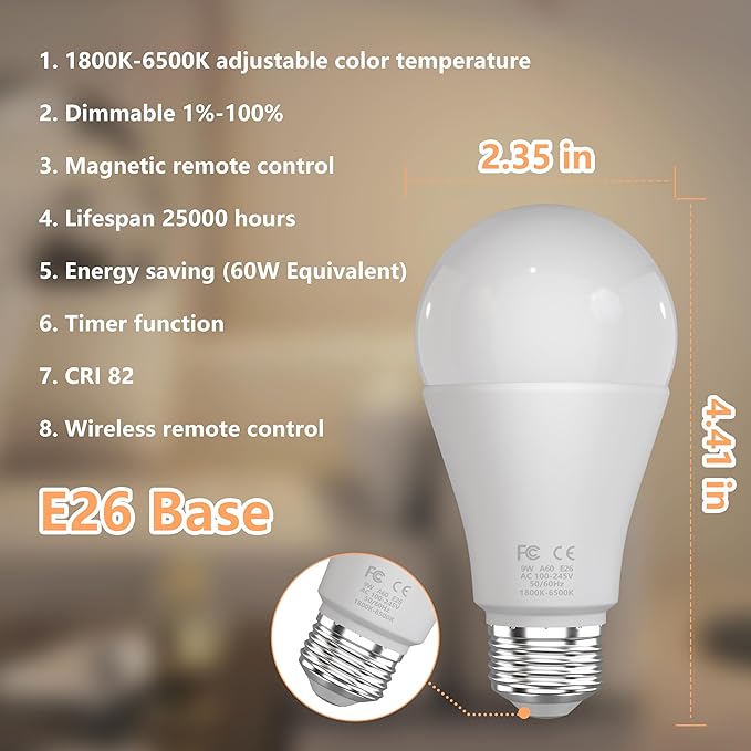 Amber Sleep Light Bulbs with Remote Control, 800LM 9W (60W Equivalent),Circadian Rhythm Light Bulb,Dim,1800K-6500K,E26,2.4G,Warm and Reading Light Bulb for Home Decor,4Bulb&2Remote