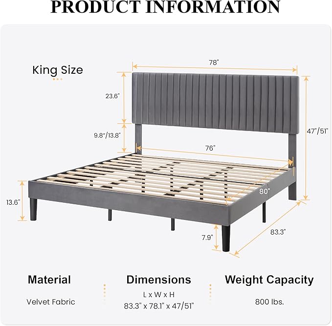 SHA CERLIN King Upholstered Platform Bed Frame with Vertical Channel Tufted Velvet Fabric Adjustable Headboard, Wooden Slats Support, Mattress Foundation, Box Spring Optional, Grey