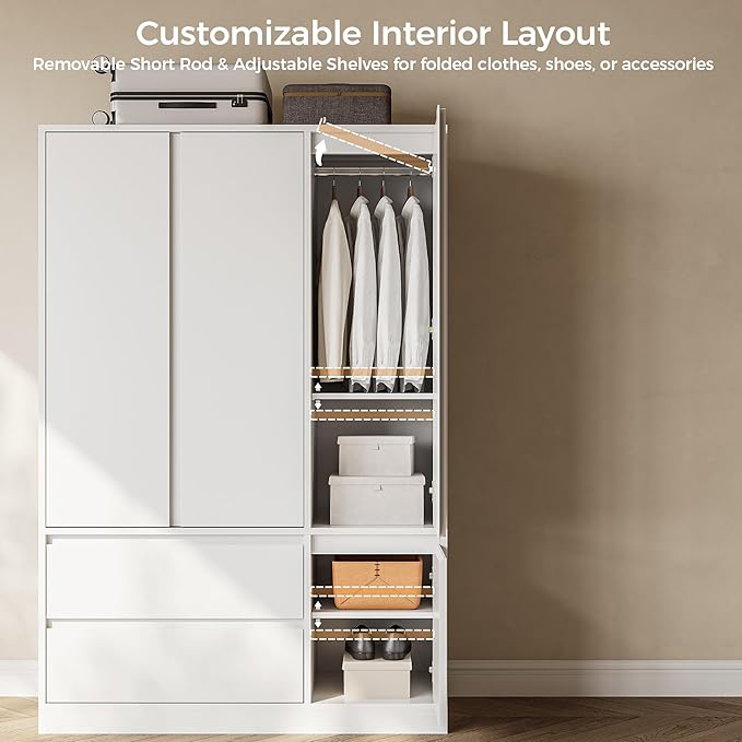IRONCK 47.2" Armoire Wardrobe Closet with Drawers, White Armoire with Hanging Rods & DIY Adjustable Shelves, Modern Wardrobe with Soft-Close Hinges & Anti-Tip Device, Freestanding Closet for Bedroom