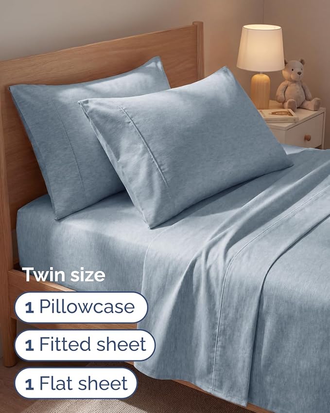 Twin 4 Piece Sheet Set - Comfy, Breathable & Cooling - Soft Hotel Luxury Bedding for Women, Men, Kids, Teens and Children - 1 Flat & 1 Fitted Sheet & 2 Pillowcases with Deep Pockets - Heathered Blue