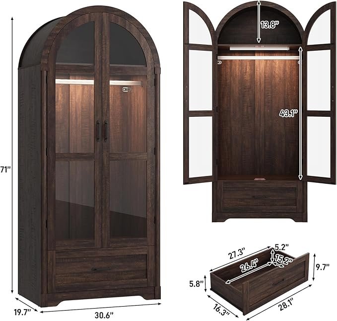 chartustriable 2 Doors Arched Armoire Wardrobe Closet w/Drawers,LED Light,Wooden Closet Wardrobe Cabinet with Hanging Rod for Bedroom,Modern Armoire Storage Cabinet w/Shelf,Rustic Brown
