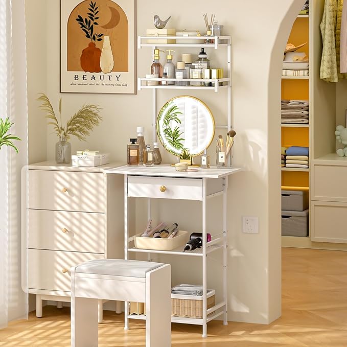 3IngSeagulls Small Vanity Desk Without Mirror, Makeup Vanity Table for Small Space, Compact White Dressing Table with Fabric Drawers, Makeup Vanity with Storage for Bedroom, White, 23.6in（W）