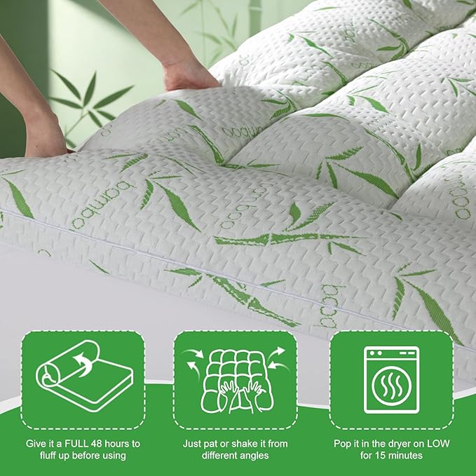 3 Inch Mattress Topper - Viscose Made from Bambu,Cooling Soft Pillow Top Mattress Pad Cover (Queen,60"x80")