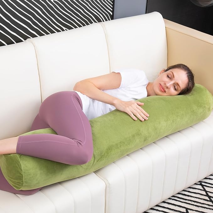 1 MIDDLE ONE Bolster Pillow for Bed, Long Round Body Pillow for Adults with Removable Velvet Cover, Decorative Tube Roll Cylinder Pillow, 35 x 7.87 Inch, Green