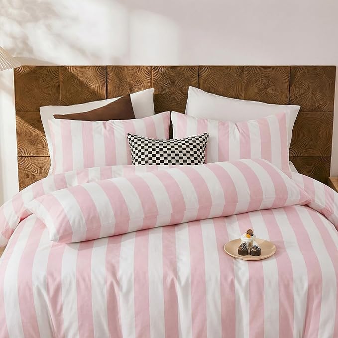 Merryword Body Pillow Cover 20x54inches, 100% Cotton Pillow Case, Pink and White Striped Pillowcase, Luxury Linen Like Pillowcase, Soft Breathable Wide Stripes Long Pillowcase, 1-Piece