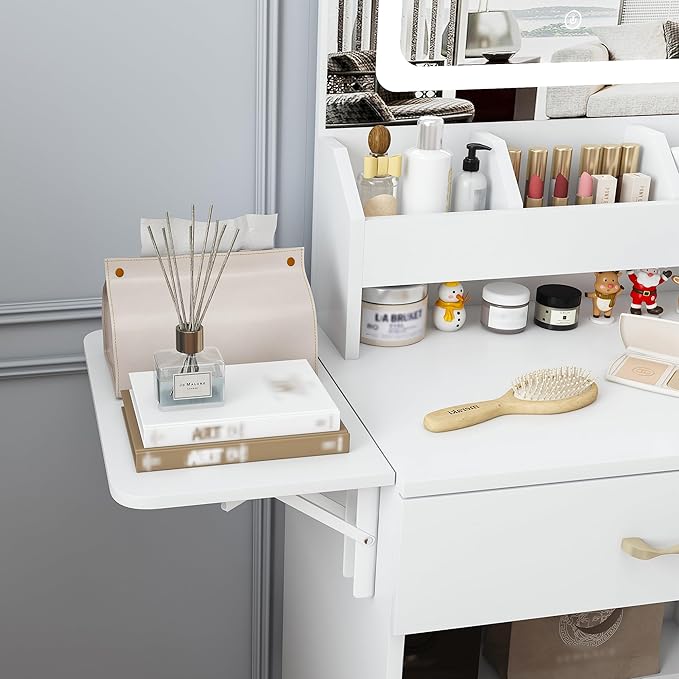 Casaphoria Vanity Desk with Stool, LED Mirror & Outlet, 43 Inch White Makeup Vanity with 2 Drawers & 7 Shelves, Dressing Table with Storage Stool for Bedroom