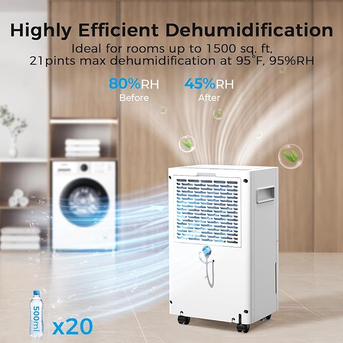 1500 Sq.ft Dehumidifier for Basement, SEAVON 21 Pint Dehumidifiers with Drain Hose for Home Large Room Bedroom Bathroom, Powerful Moisture Removal, Smart Humidity Control & Display, 24H Timer, 3 Mode