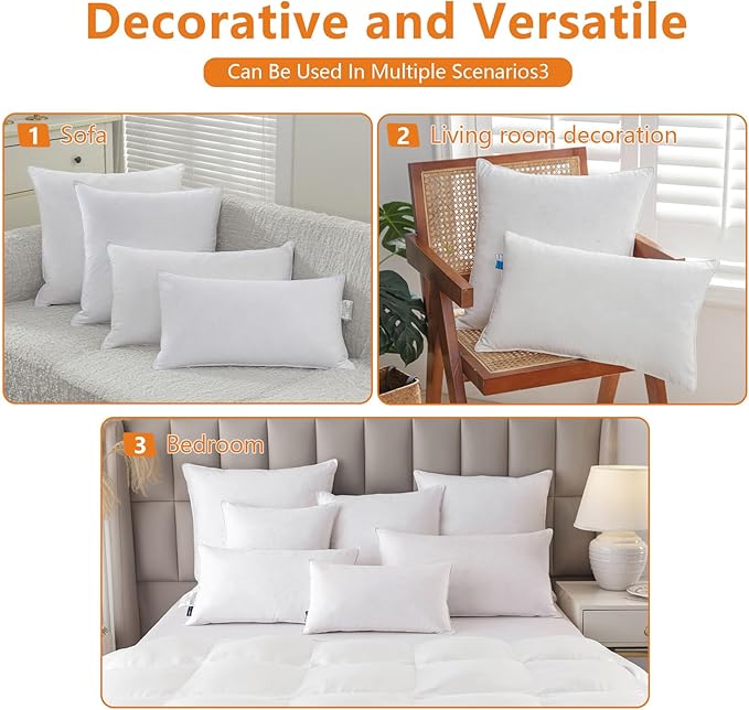 SleepMan Throw Pillow Inserts 16" x 26" (Pack of 2, White) Down Feather Pillow Stuffer Premium Decorative Pillows for Sofa Couch Bed