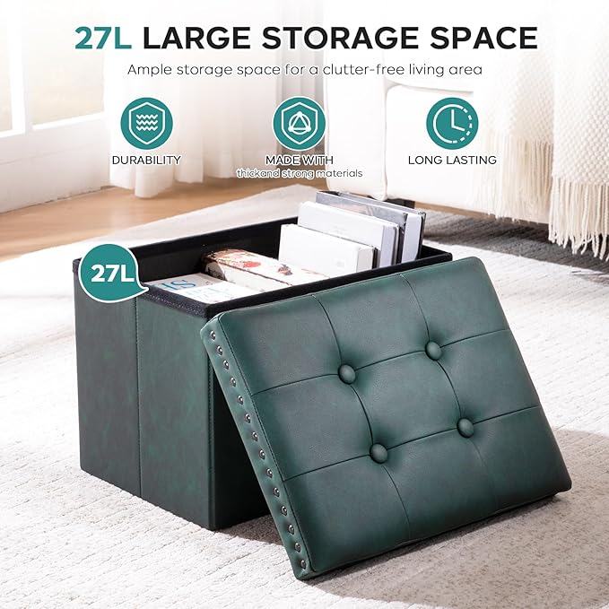 oakvivo Small 16 x 12 x12 Inches Folding Storage Ottoman, Faux Leather Foot Rest Stool with Rivet Design, Ottoman with Storage Vanity Stool Coffee Table for Living Room, Bedroom, Load 242 lbs, Green